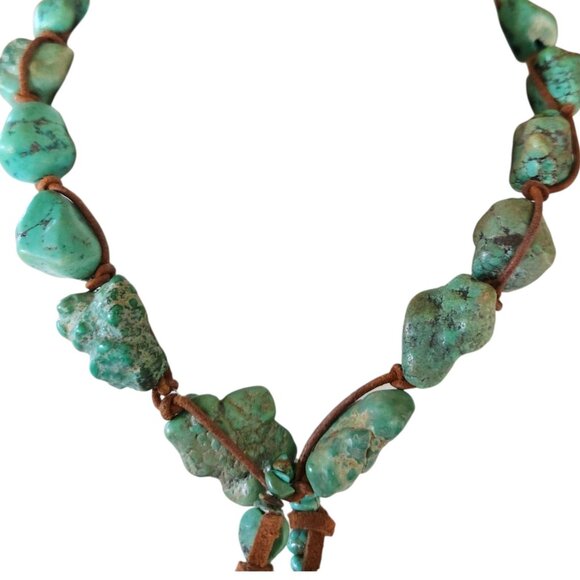 Rustic Turquoise Nugget Necklace With Large Oval Stone Pendant & Leather Cord - Picture 10 of 14